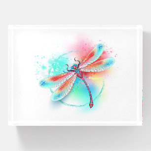 Red dragonfly on watercolor background paperweight