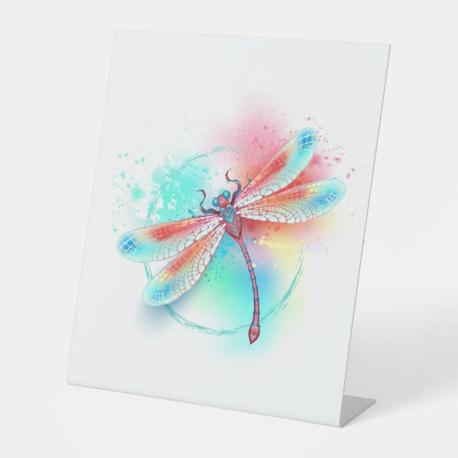 Red dragonfly on watercolor background pedestal sign (Front)