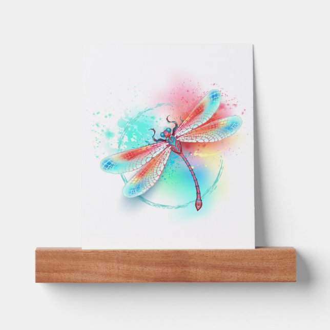 Red dragonfly on watercolor background picture ledge (Front)