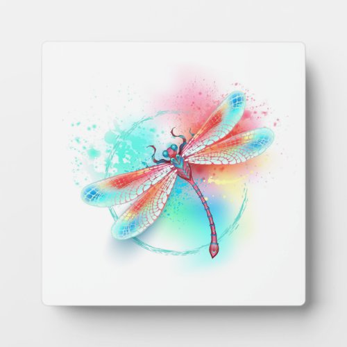 Red dragonfly on watercolor background plaque