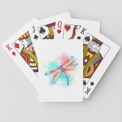 Red dragonfly on watercolor background playing cards