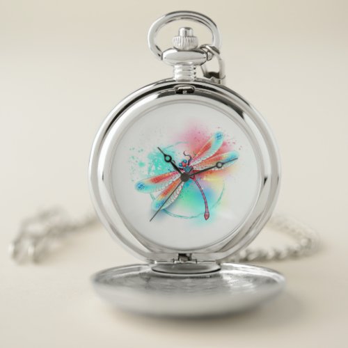 Red dragonfly on watercolor background pocket watch