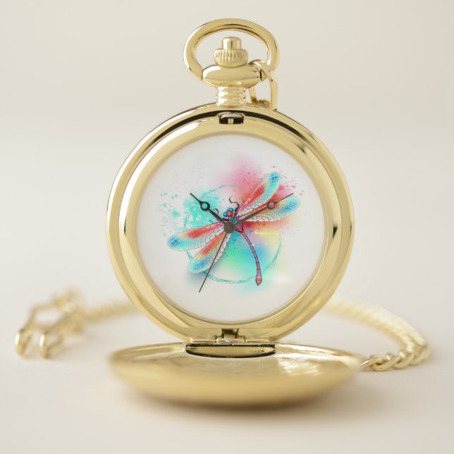 Red dragonfly on watercolor background pocket watch (Inside)