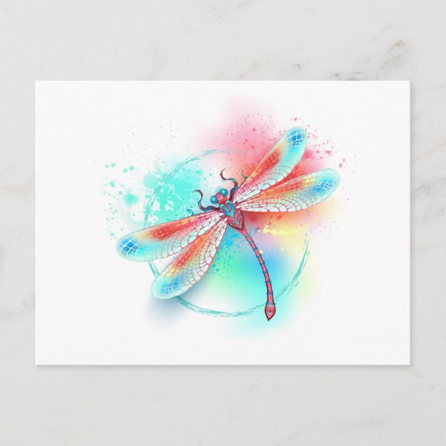 Red dragonfly on watercolor background postcard (Front)