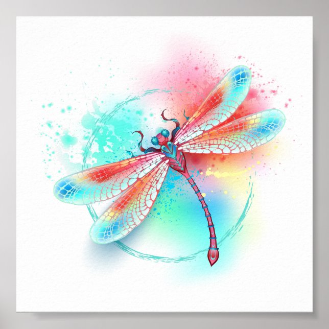 Red dragonfly on watercolor background poster (Front)