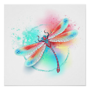 Red dragonfly on watercolor background poster