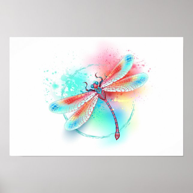 Red dragonfly on watercolor background poster (Front)