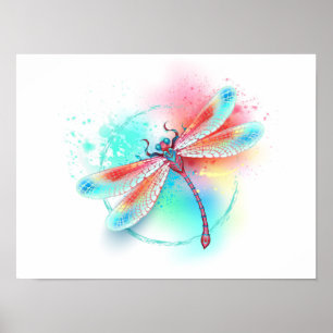 Red dragonfly on watercolor background poster