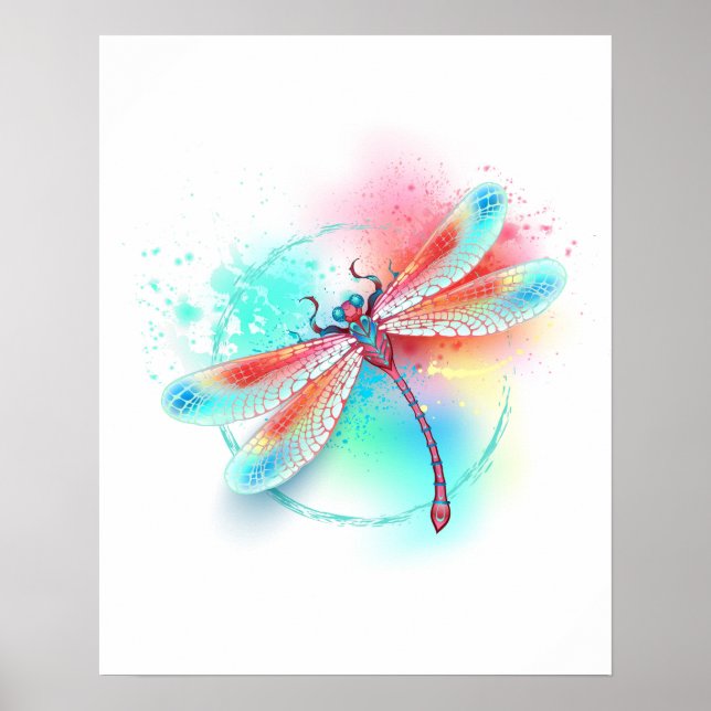 Red dragonfly on watercolor background poster (Front)