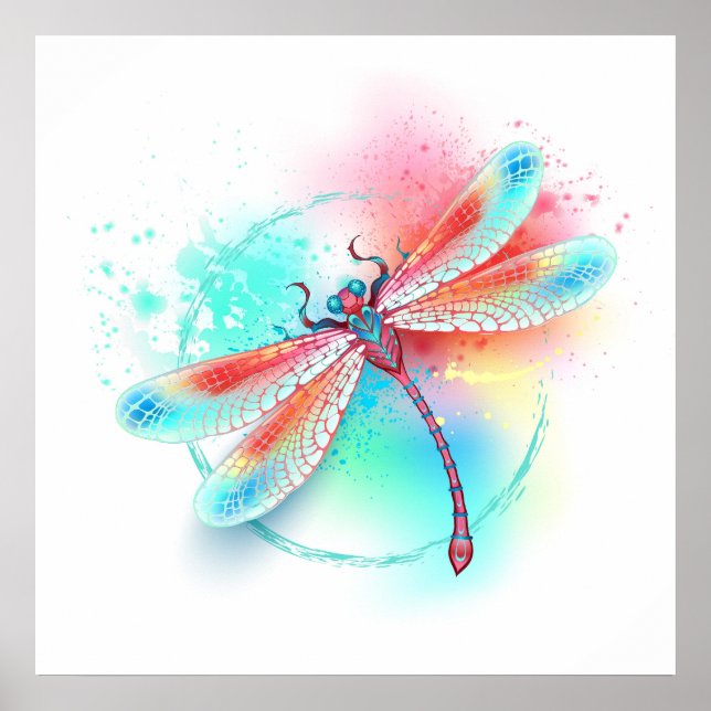 Red dragonfly on watercolor background poster (Front)