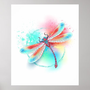 Red dragonfly on watercolor background poster
