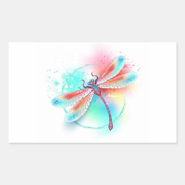 Red dragonfly on watercolor background rectangular sticker (Front)