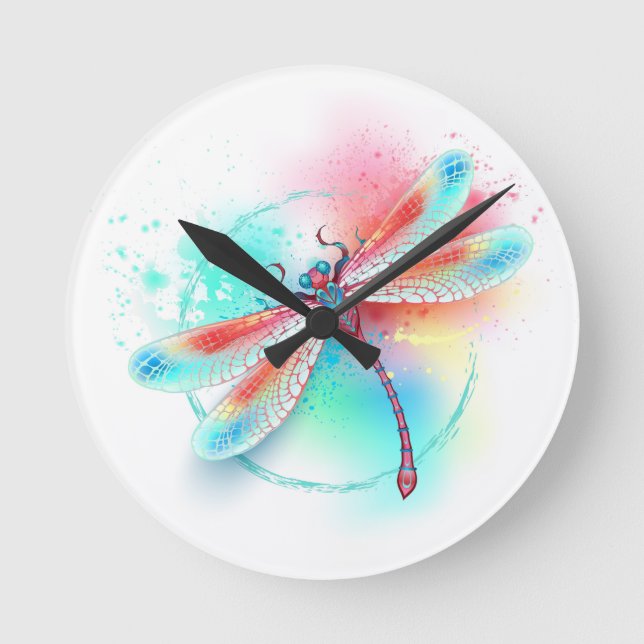Red dragonfly on watercolor background round clock (Front)