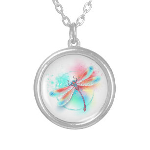 Red dragonfly on watercolor background silver plated necklace