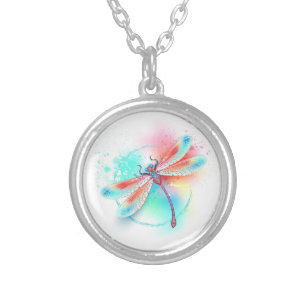 Red dragonfly on watercolor background silver plated necklace