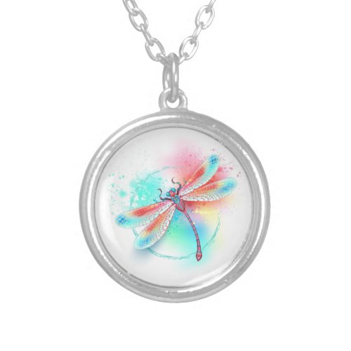 Red dragonfly on watercolor background silver plated necklace