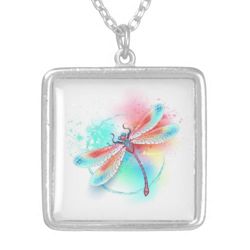 Red dragonfly on watercolor background silver plated necklace