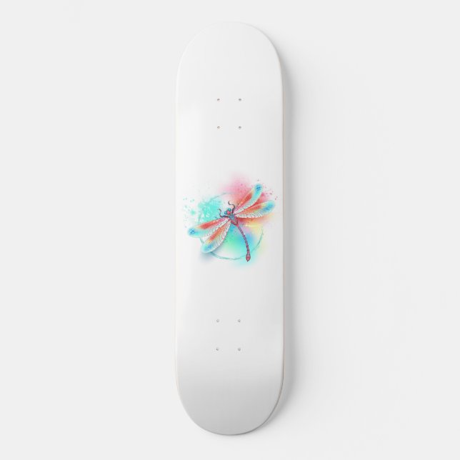 Red dragonfly on watercolor background skateboard (Front)