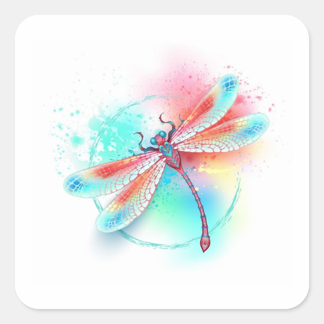 Red dragonfly on watercolor background square sticker (Front)