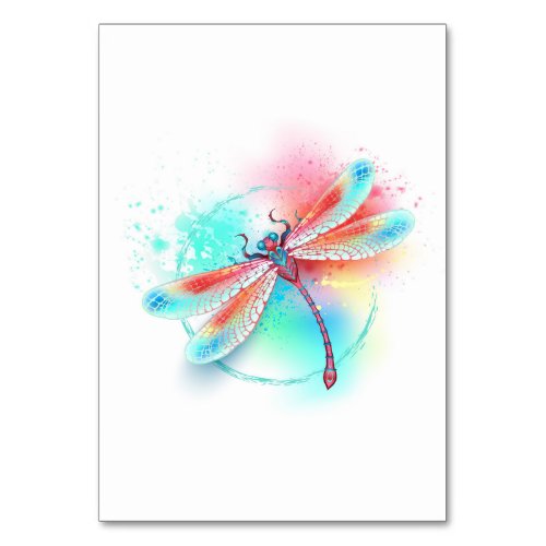 Red dragonfly on watercolor background table number