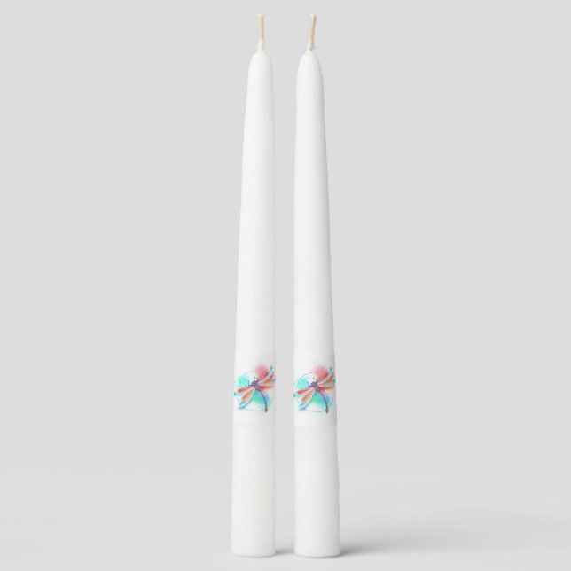 Red dragonfly on watercolor background taper candle (Front)