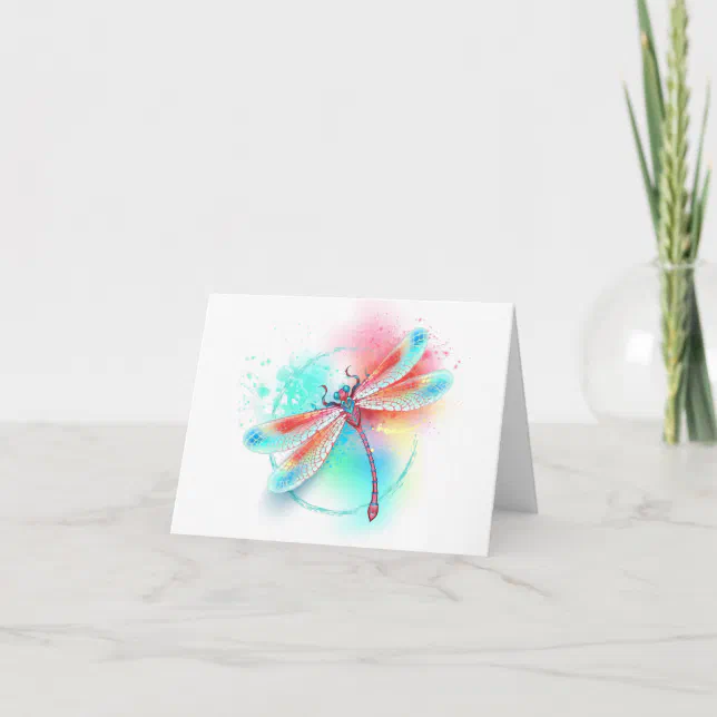 Red dragonfly on watercolor background thank you card | Zazzle