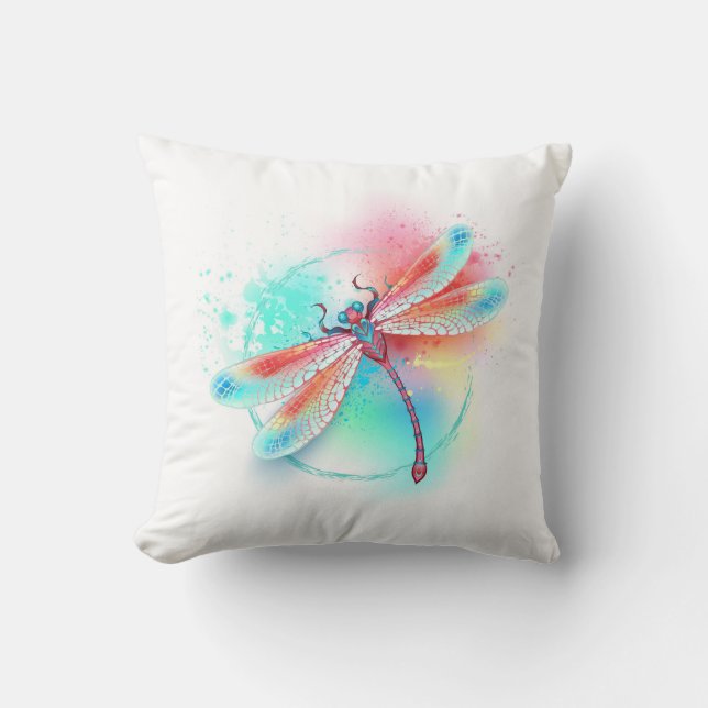 Red dragonfly on watercolor background throw pillow (Front)