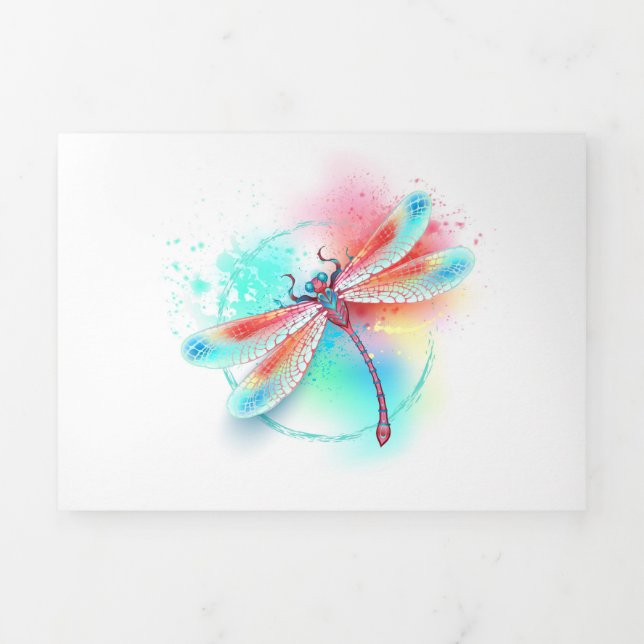 Red dragonfly on watercolor background Tri-Fold invitation (Cover)