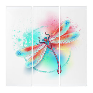 Red dragonfly on watercolor background triptych