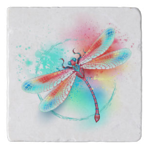 Red dragonfly on watercolor background trivet