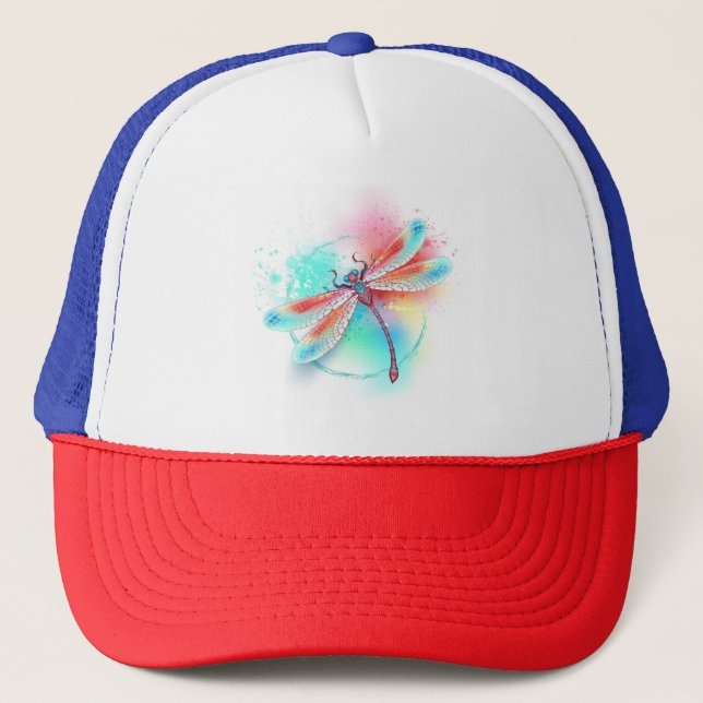Red dragonfly on watercolor background trucker hat (Front)