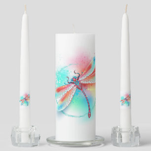 Red dragonfly on watercolor background unity candle set