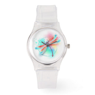 Red dragonfly on watercolor background watch