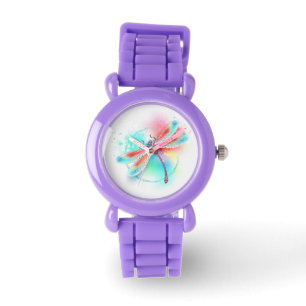 Red dragonfly on watercolor background watch