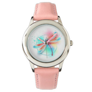 Red dragonfly on watercolor background watch