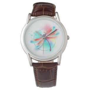 Red dragonfly on watercolor background watch