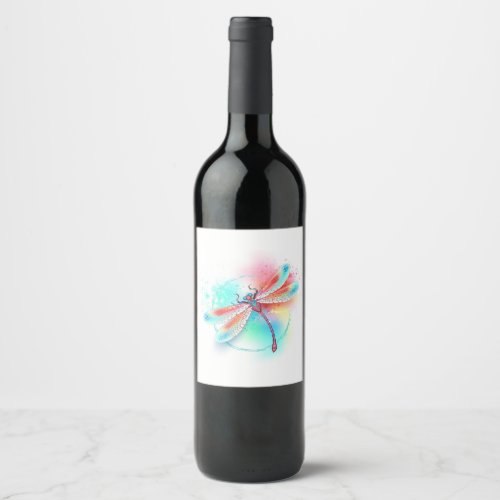 Red dragonfly on watercolor background wine label