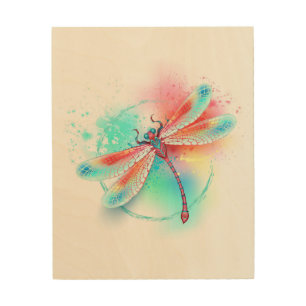 Red dragonfly on watercolor background wood wall art