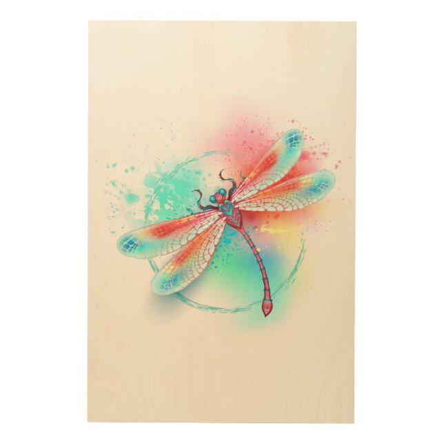 Red dragonfly on watercolor background wood wall art (Front)