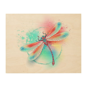 Red dragonfly on watercolor background wood wall art