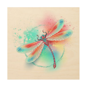 Red dragonfly on watercolor background wood wall art