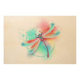 Red dragonfly on watercolor background wood wall art