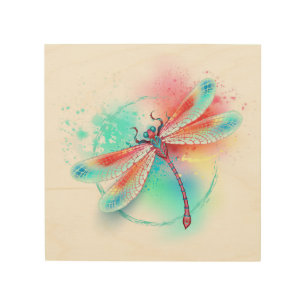 Red dragonfly on watercolor background wood wall art