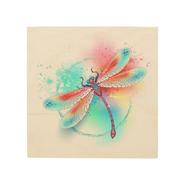 Red dragonfly on watercolor background wood wall art (Front)