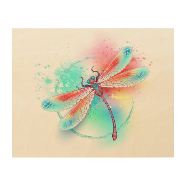 Red dragonfly on watercolor background wood wall art (Front)
