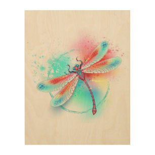 Red dragonfly on watercolor background wood wall art
