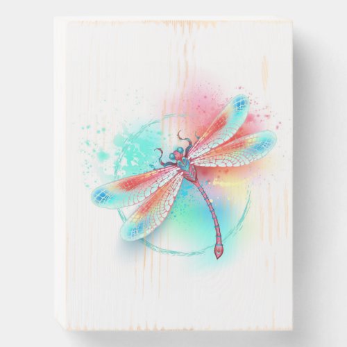 Red dragonfly on watercolor background wooden box sign