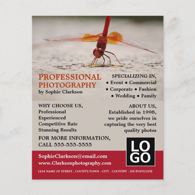Red Dragonfly, Photography, Photographer Hire Flyer (Front)