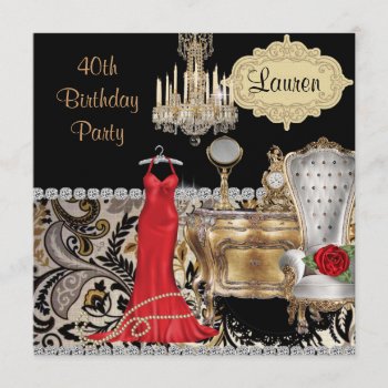 Red Dress 40th Birthday Vintage Bling  Invitation by CHICLOUNGE at Zazzle