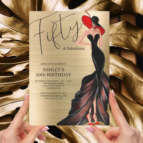 Red Dress 50 and Fabulous Gold Birthday Invitation